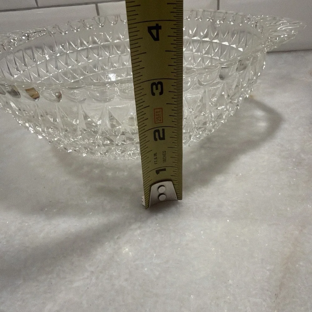 Hobnail Pressed Clear Glass Bowl Handled Scalloped Edge Diamond Vintage OLA05